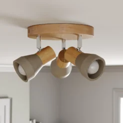 Lindby Filiz foco, 3 luces, Ø 20 cm, madera, hormigón, E14
