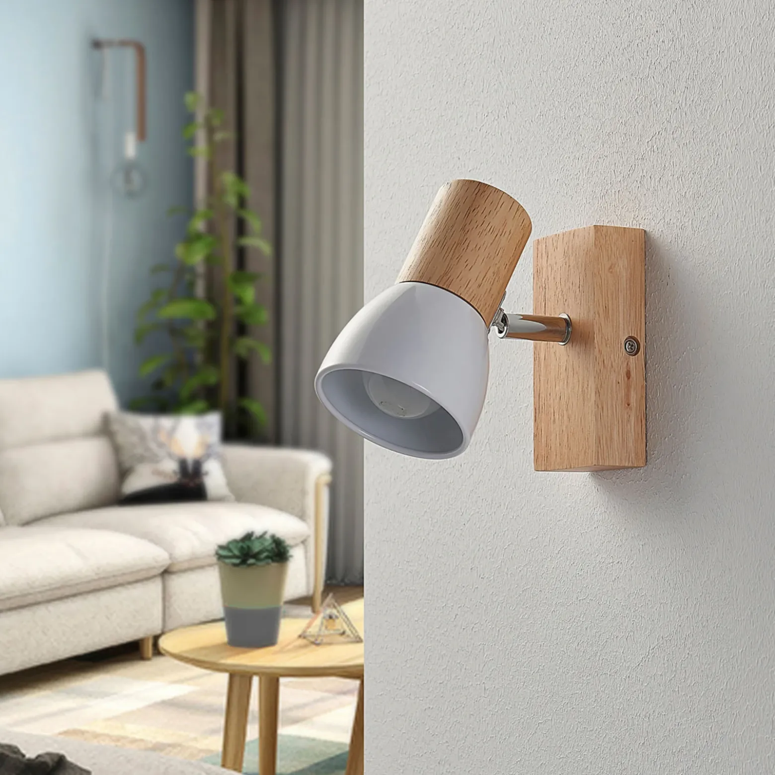 Lindby foco de pared Thorin, 14 cm alto, blanco, madera, E14