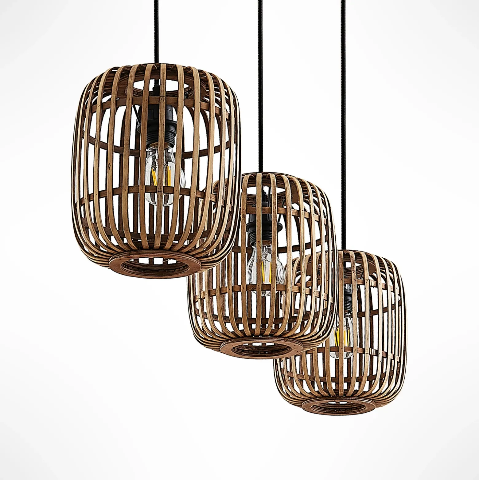 Lindby lámpara colgante Canyana, natural, 3 luces, ratán, 105 cm