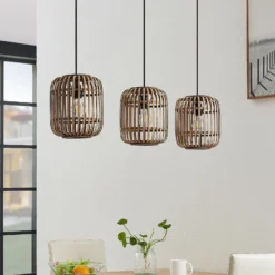 Lindby lámpara colgante Canyana, natural, 3 luces, ratán, 105 cm