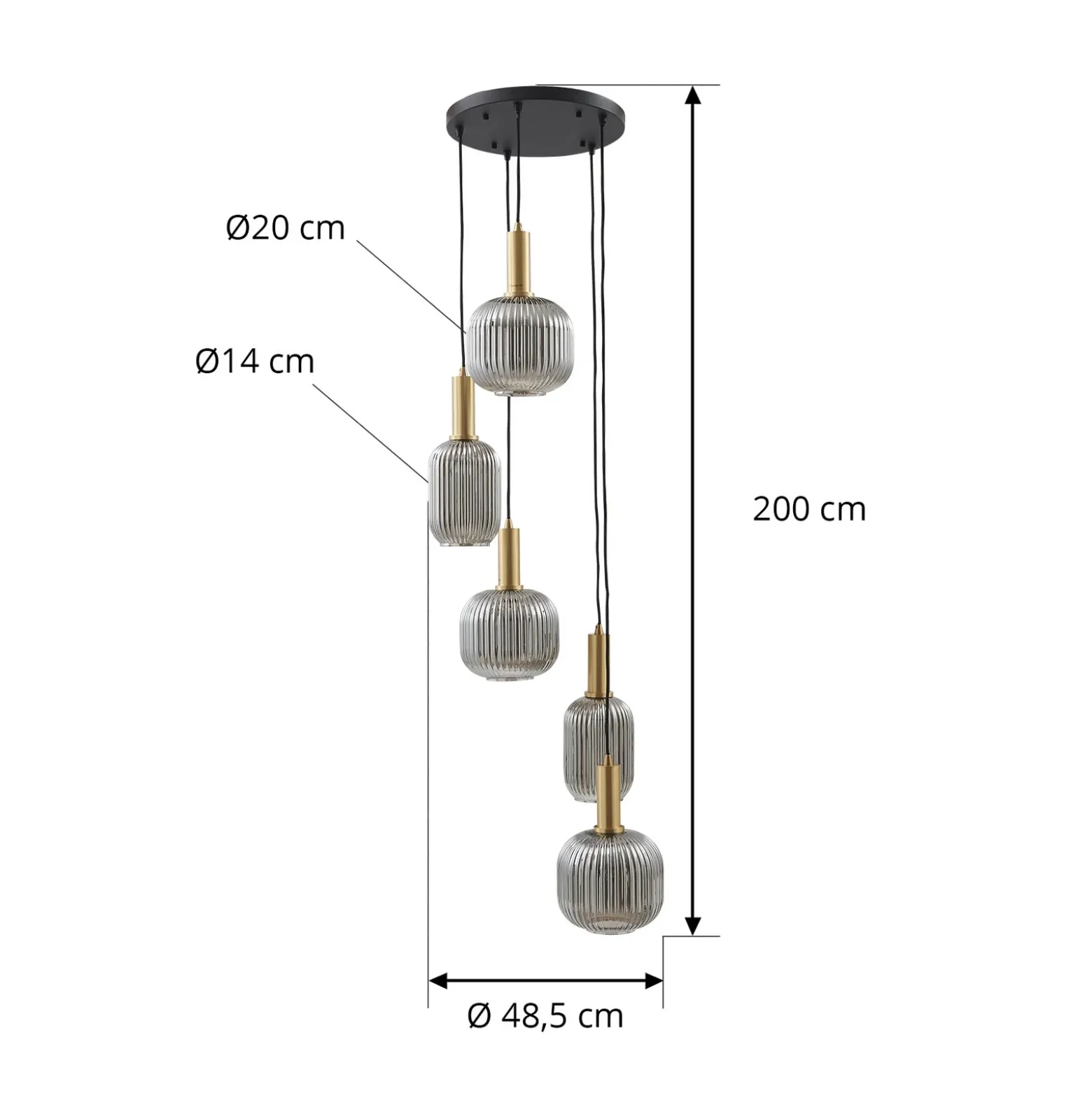 Lindby Lámpara colgante Doroteo, 5 luces, gris, cristal
