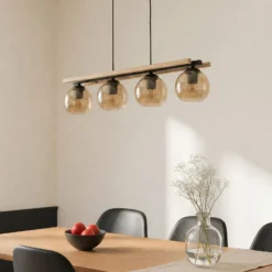 Lindby lámpara colgante Enrique, ámbar, 4 luces, cristal, madera, E27
