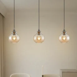 Lindby lámpara colgante Tymoni, 3 luces, ámbar, cristal, Ø 20 cm