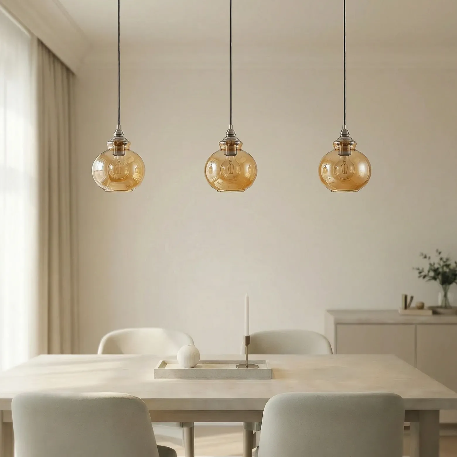 Lindby lámpara colgante Tymoni, 3 luces, ámbar, cristal, Ø 20 cm