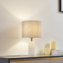 Lindby lámpara de mesa Alabastro, blanco/beige, Ø 25 cm, mármol, E27