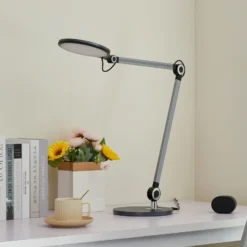 Lindby lámpara de mesa LED Nyxaris, gris, metal, CCT, 50 cm