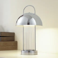 Lindby lámpara de mesa LED recargable Mareli, cromo, metal, Ø 18 cm