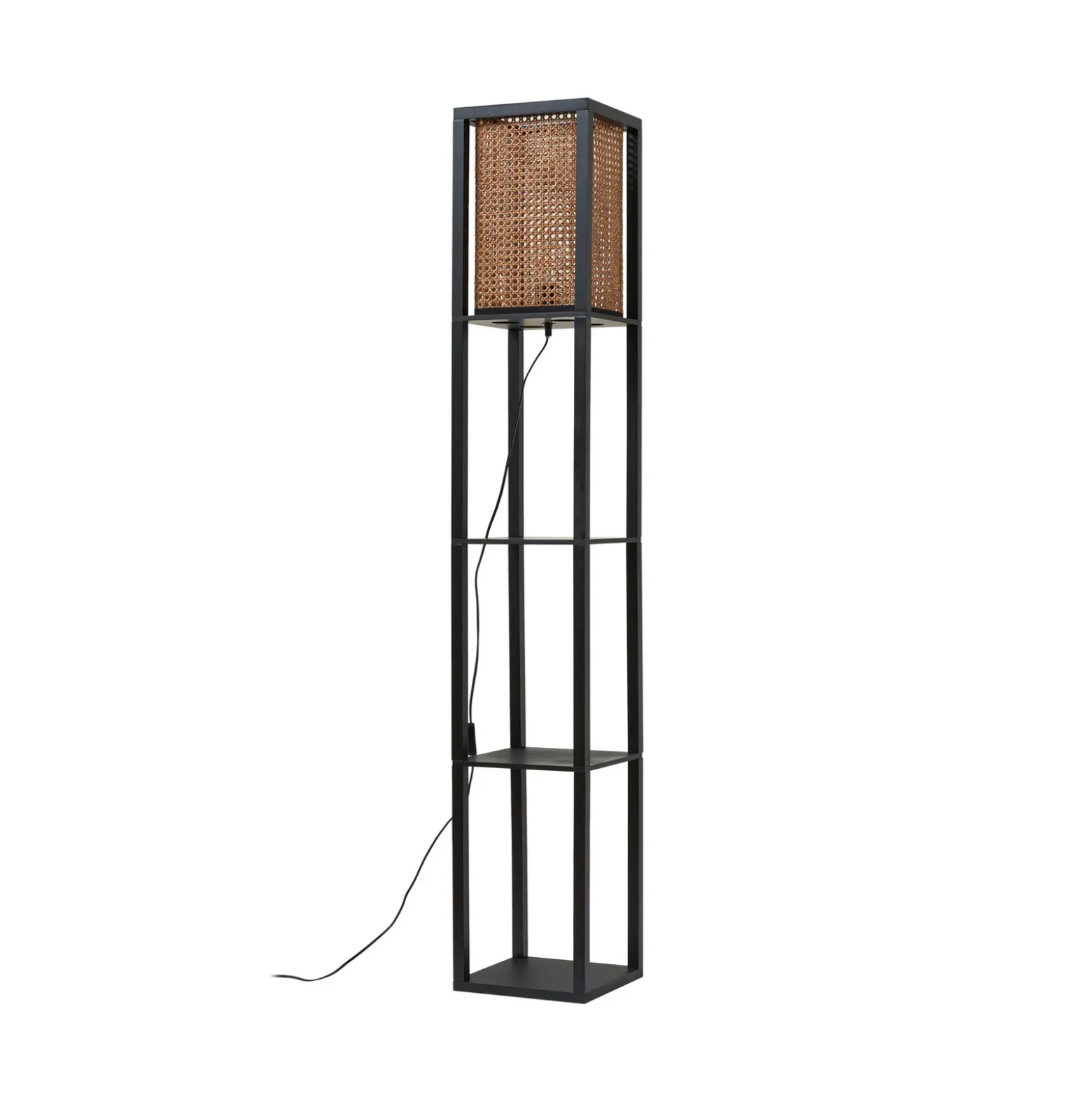 Lindby Lámpara de pie Birta, negro/natural, estantería, ratán