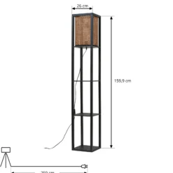 Lindby Lámpara de pie Birta, negro/natural, estantería, ratán