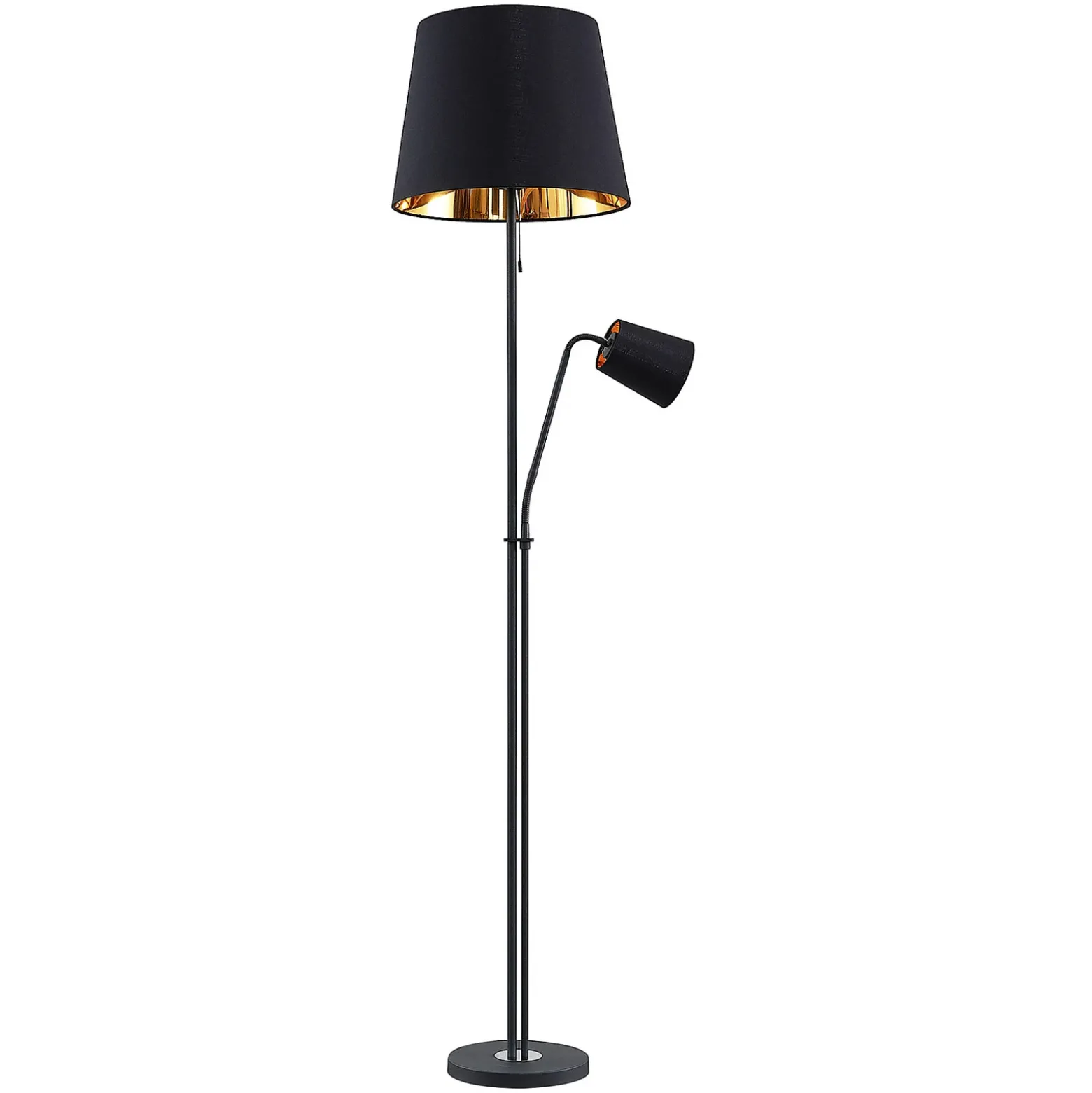 Lindby lámpara de pie Efalia, negro/oro, textil, brazo de lectura