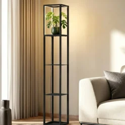 Lindby Lámpara de pie LED Birta, estantería, 155 cm, negro, metal