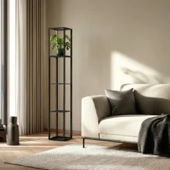 Lindby Lámpara de pie LED Birta, estantería, 155 cm, negro, metal