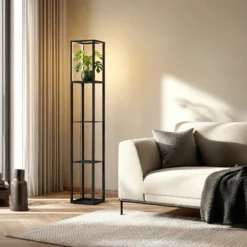 Lindby Lámpara de pie LED Birta, estantería, 155 cm, negro, metal