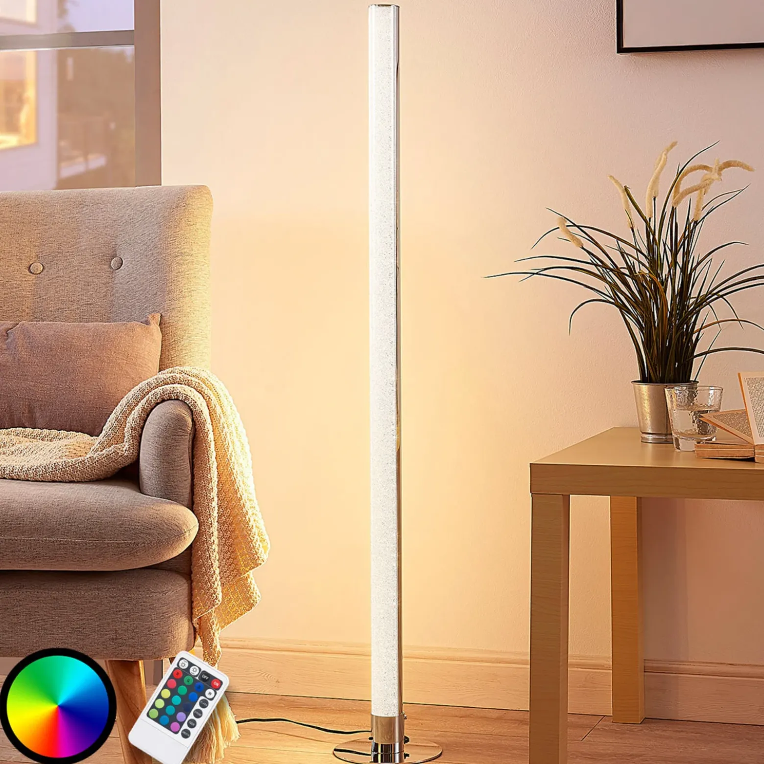 Lindby Lámpara de pie LED Hadis, RGB, control remoto, blanco, 120 cm