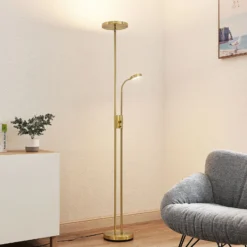 Lindby Lámpara de pie LED Seppa, redonda, latón, metal, 180 cm