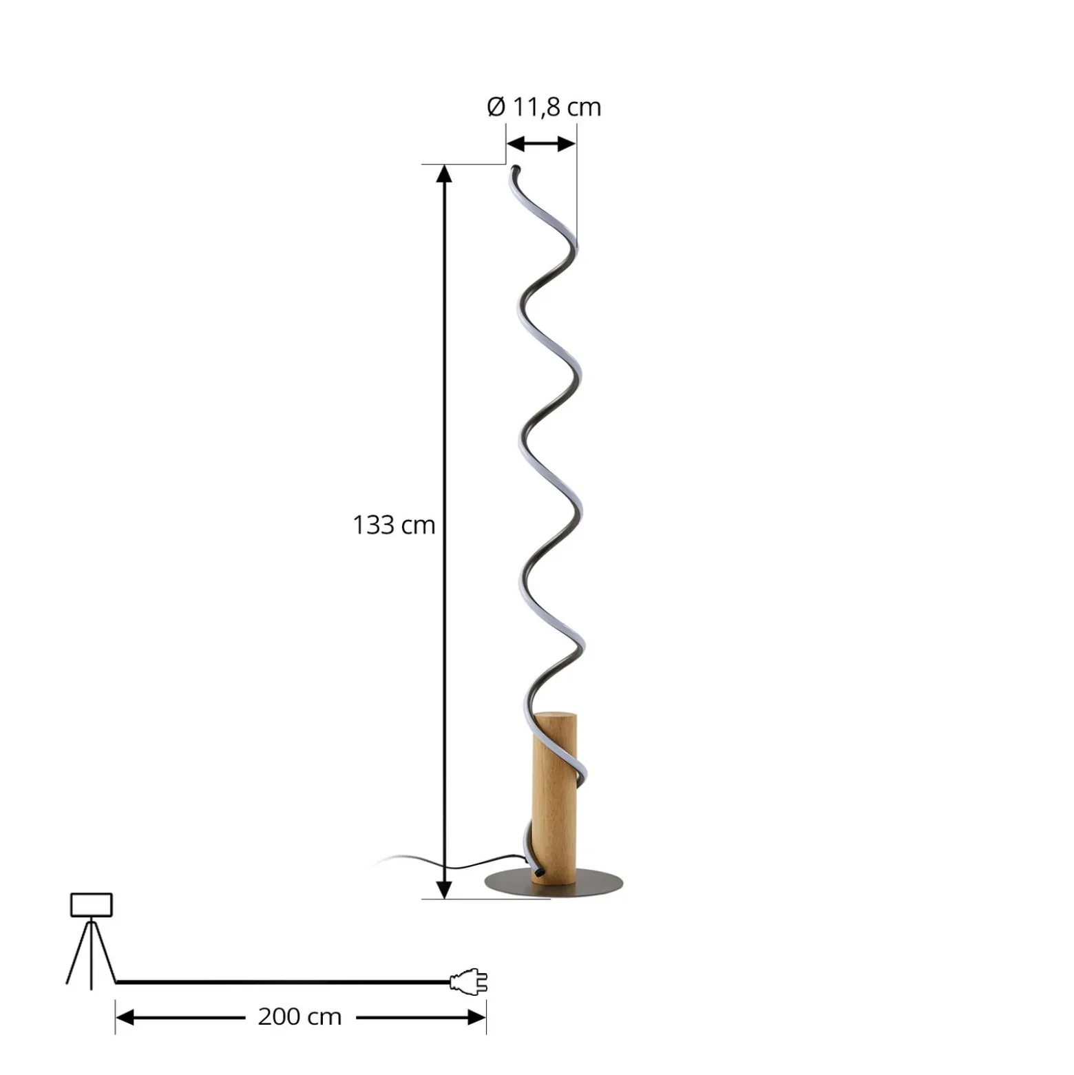 Lindby lámpara de pie LED Spiraali, gris, madera, altura 133 cm
