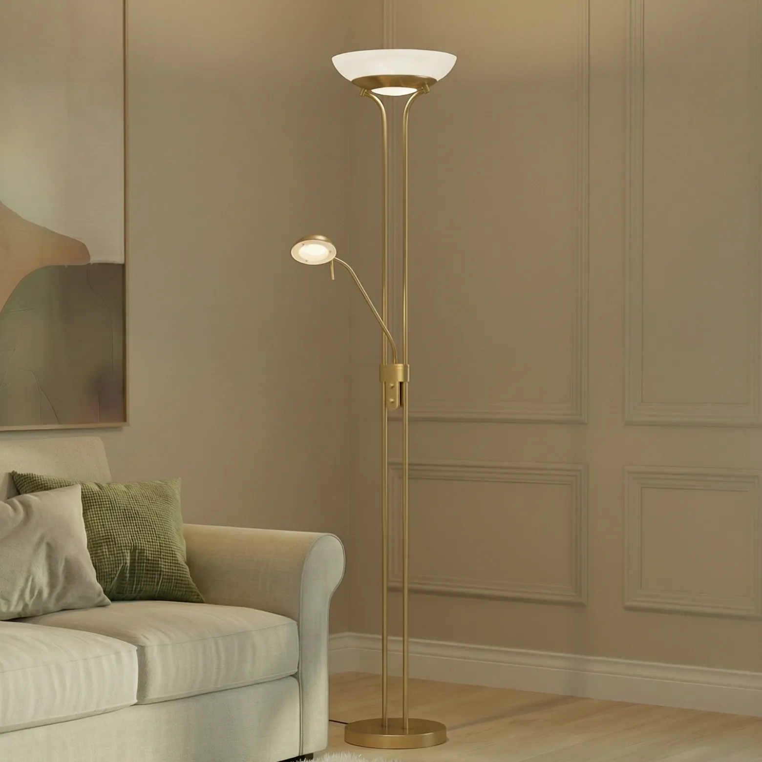 Lindby lámpara de pie LED Yveta, latón, metal, atenuable, 183cm