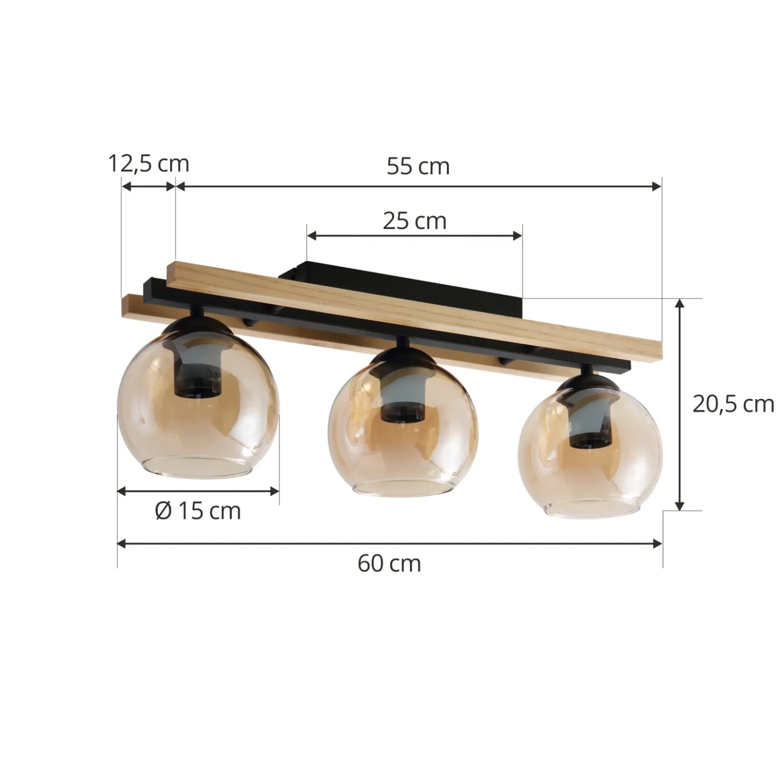 Lindby lámpara de techo Enrique, ámbar, 3 luces, cristal, madera, E27