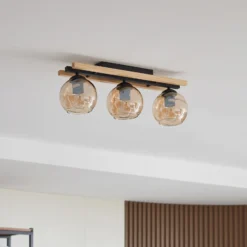 Lindby lámpara de techo Enrique, ámbar, 3 luces, cristal, madera, E27