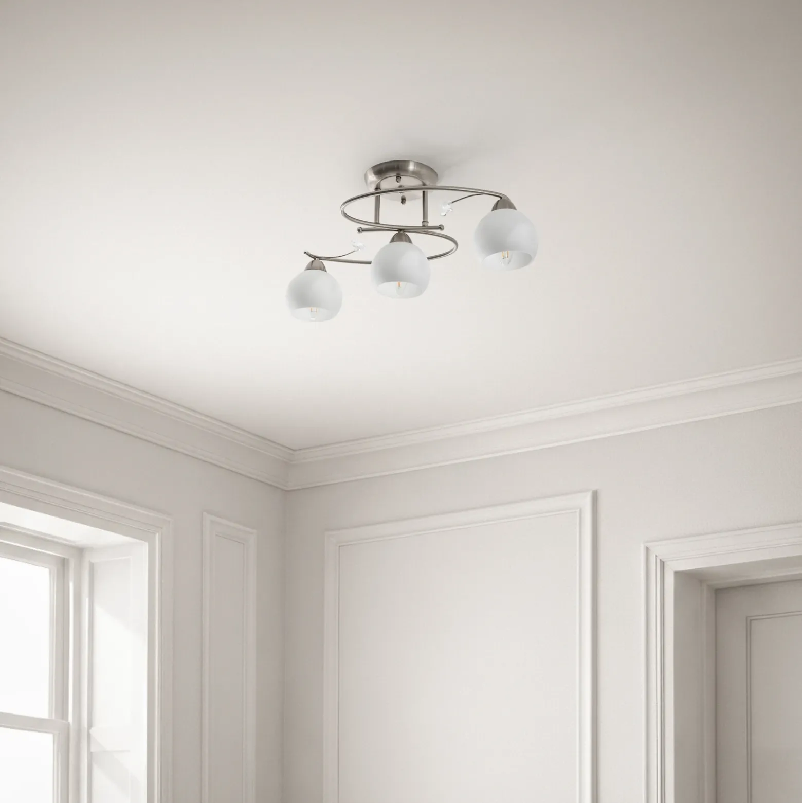 Lindby lámpara de techo Svean, 3 luces, níquel/blanco, cristal, longitud 60 cm
