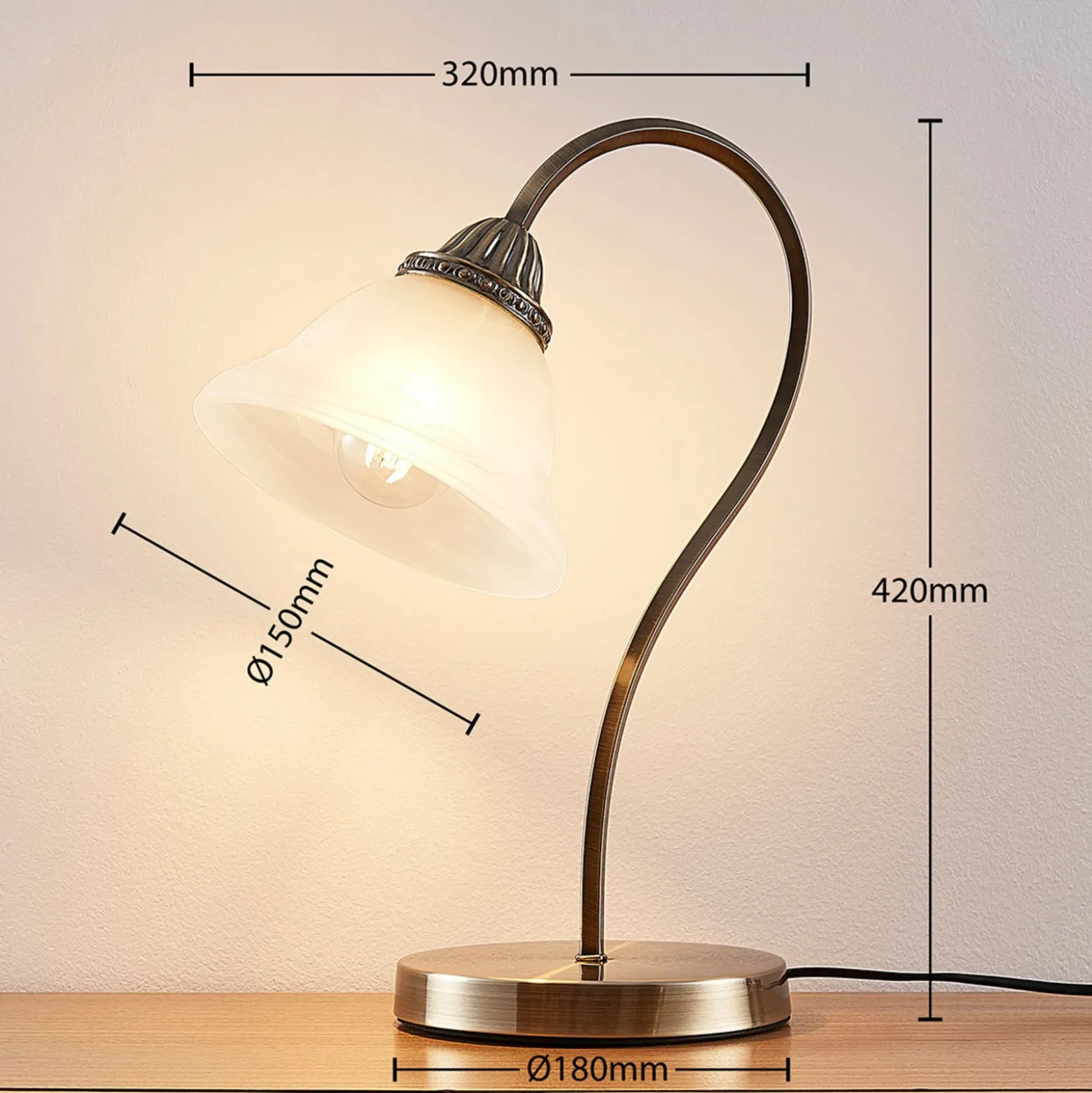 Lindby Mialina lámpara de mesa, 42 cm, blanco, cristal, metal