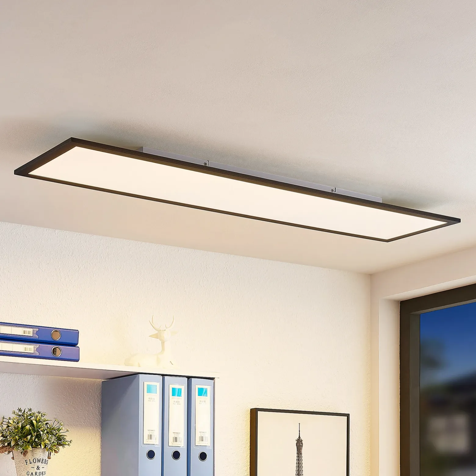 Lindby Panel LED Nelios, 120 x 30 cm, CCT, negro, metal
