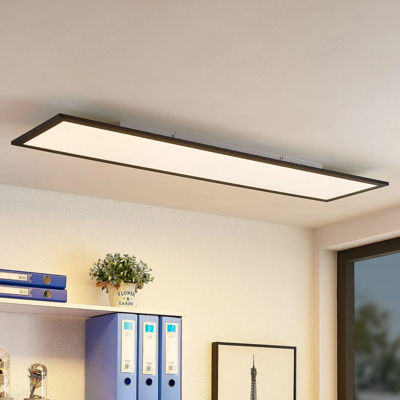 Lindby Panel LED Nelios, 120 x 30 cm, 4000K, negro, metal