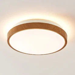 Lindby Plafón LED Mendosa, redondo, madera clara, Ø 29cm