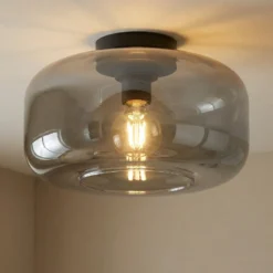 Lindby Plafon Hildur, Ø 28,5 cm, gris humo, cristal