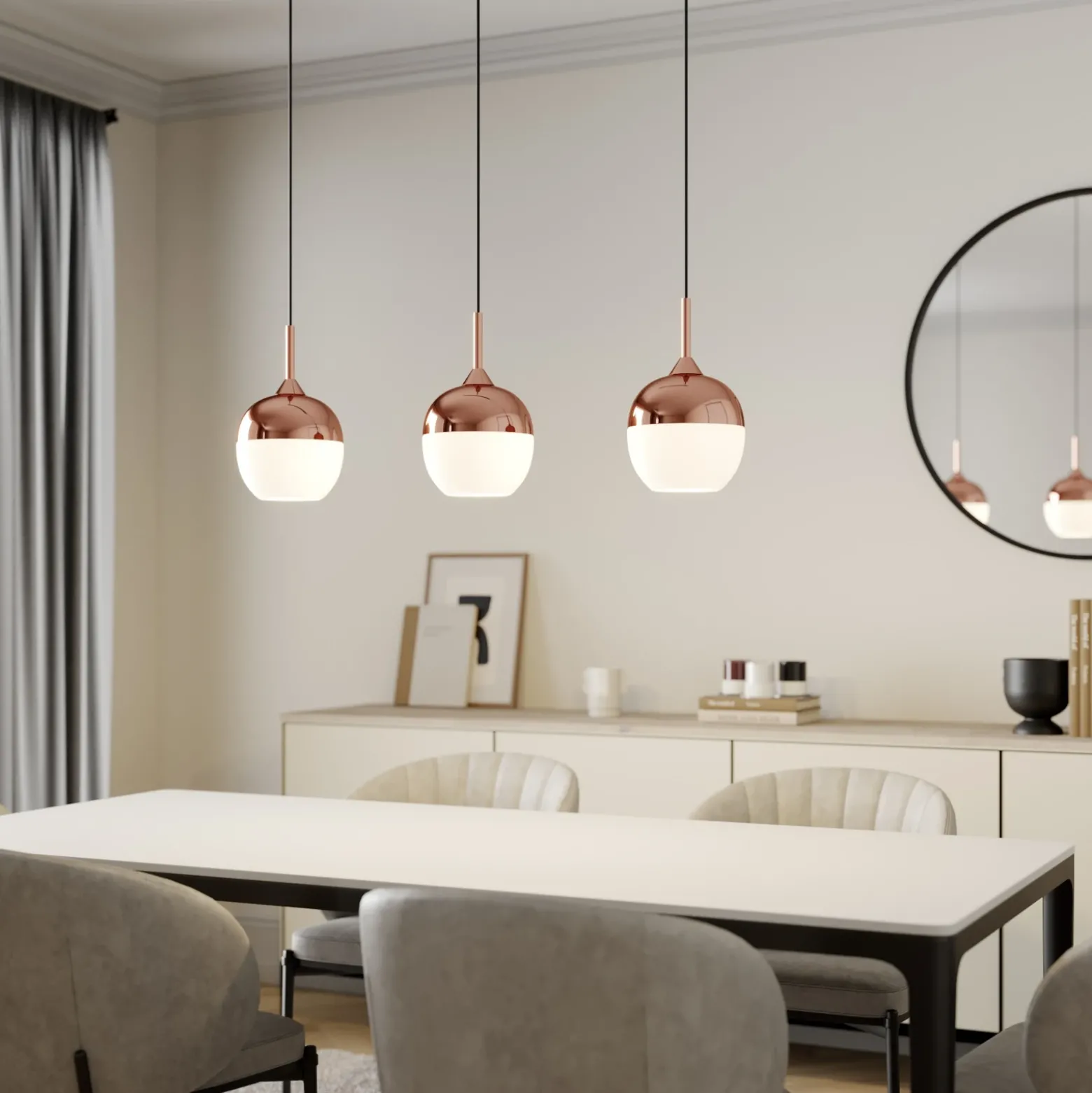 Lindby Rangina lámpara colgante, 100 cm, cobre, 3 luces, cristal