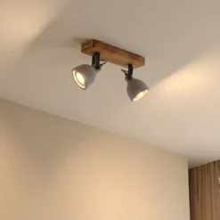 Lindby Spot Mitis, 30 cm, 2 luces, gris, madera, hormigón, GU10