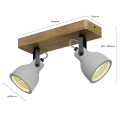 Lindby Spot Mitis, 30 cm, 2 luces, gris, madera, hormigón, GU10