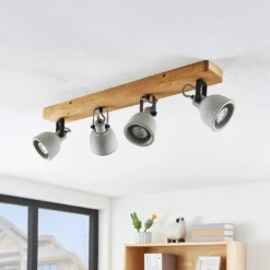 Lindby Spot Mitis, 70 cm, 4 luces, gris, madera, hormigón, GU10