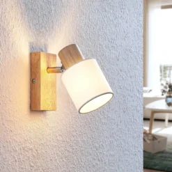 Lindby Spot Wanessa, madera, blanco, E14, 14 cm, ajustable