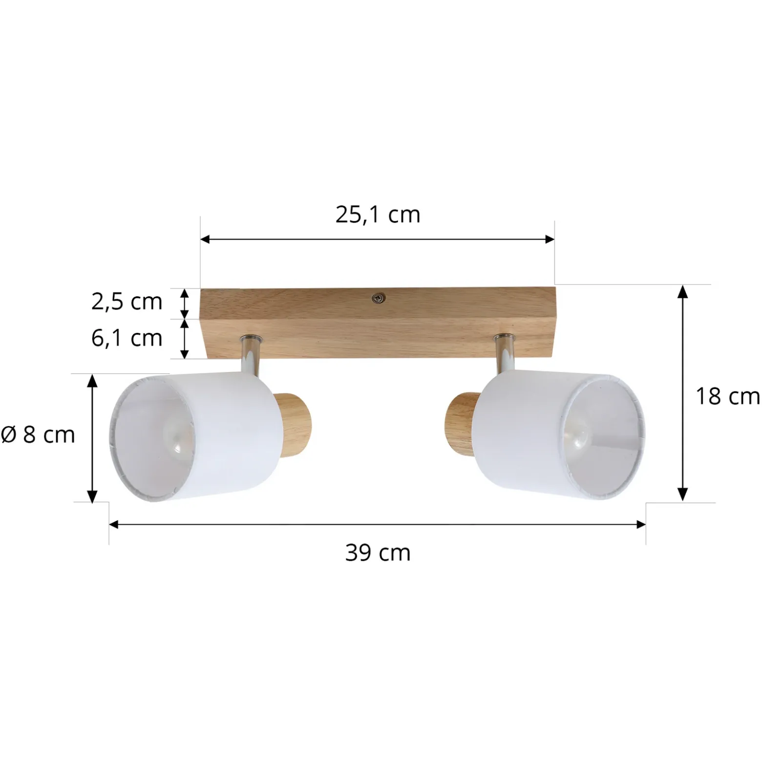 Lindby Wanessa downlight de techo, 39cm, 2 luces, madera, blanco, E14