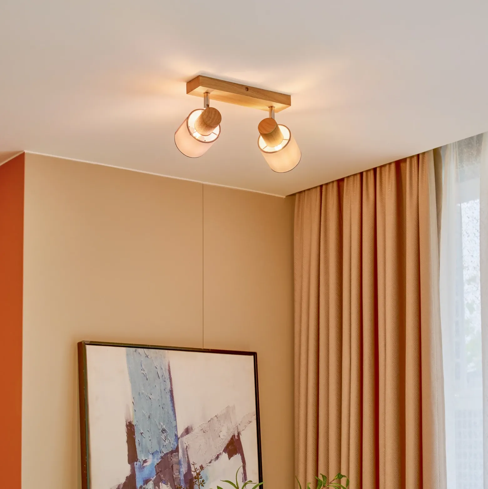 Lindby Wanessa downlight de techo, 39cm, 2 luces, madera, blanco, E14