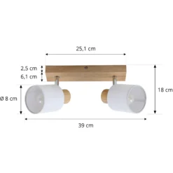 Lindby Wanessa downlight de techo, 39cm, 2 luces, madera, blanco, E14