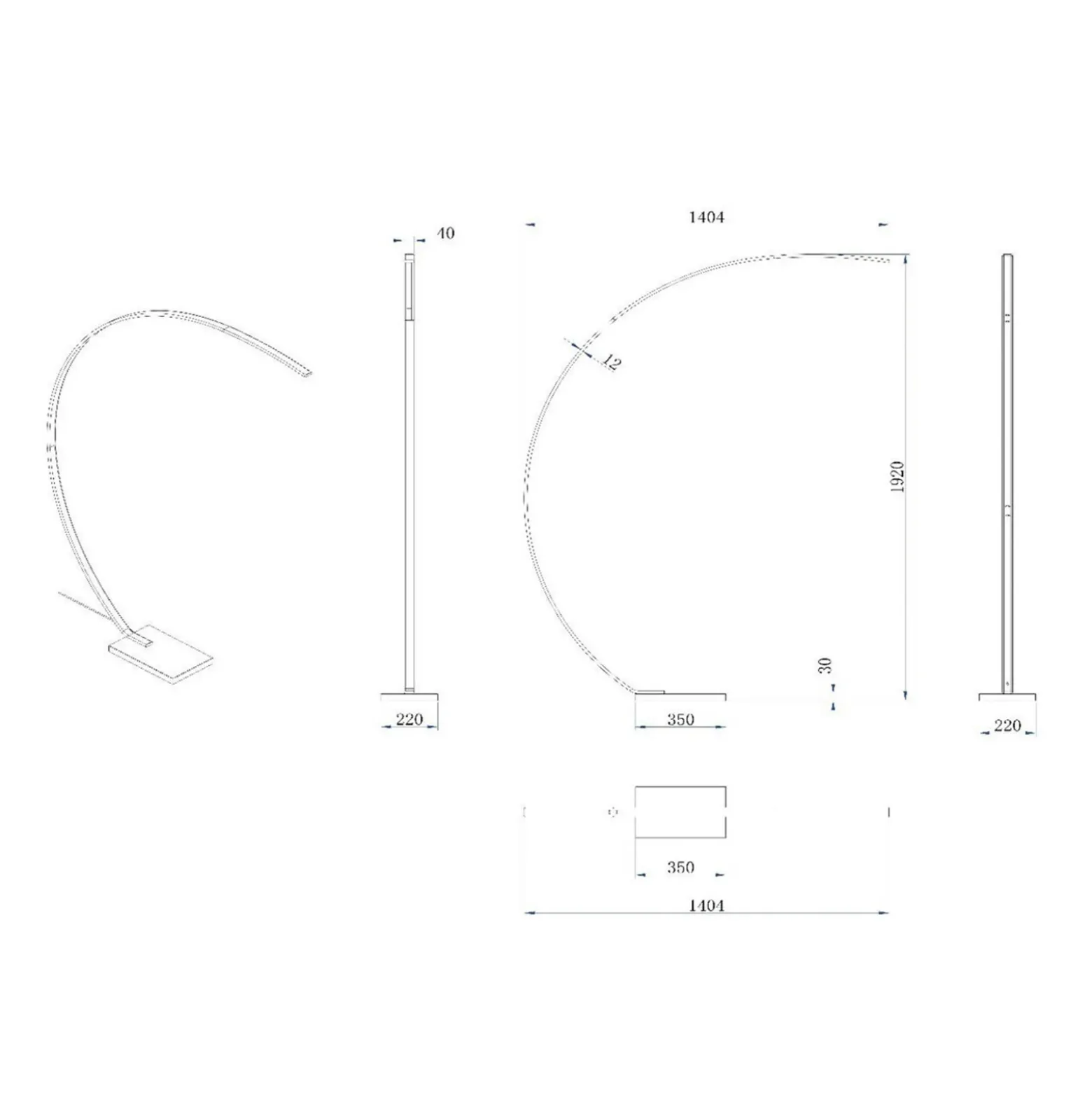 Lámpara arqueada Curve LED, dorado mate, 2700 K, altura 192, atenuable