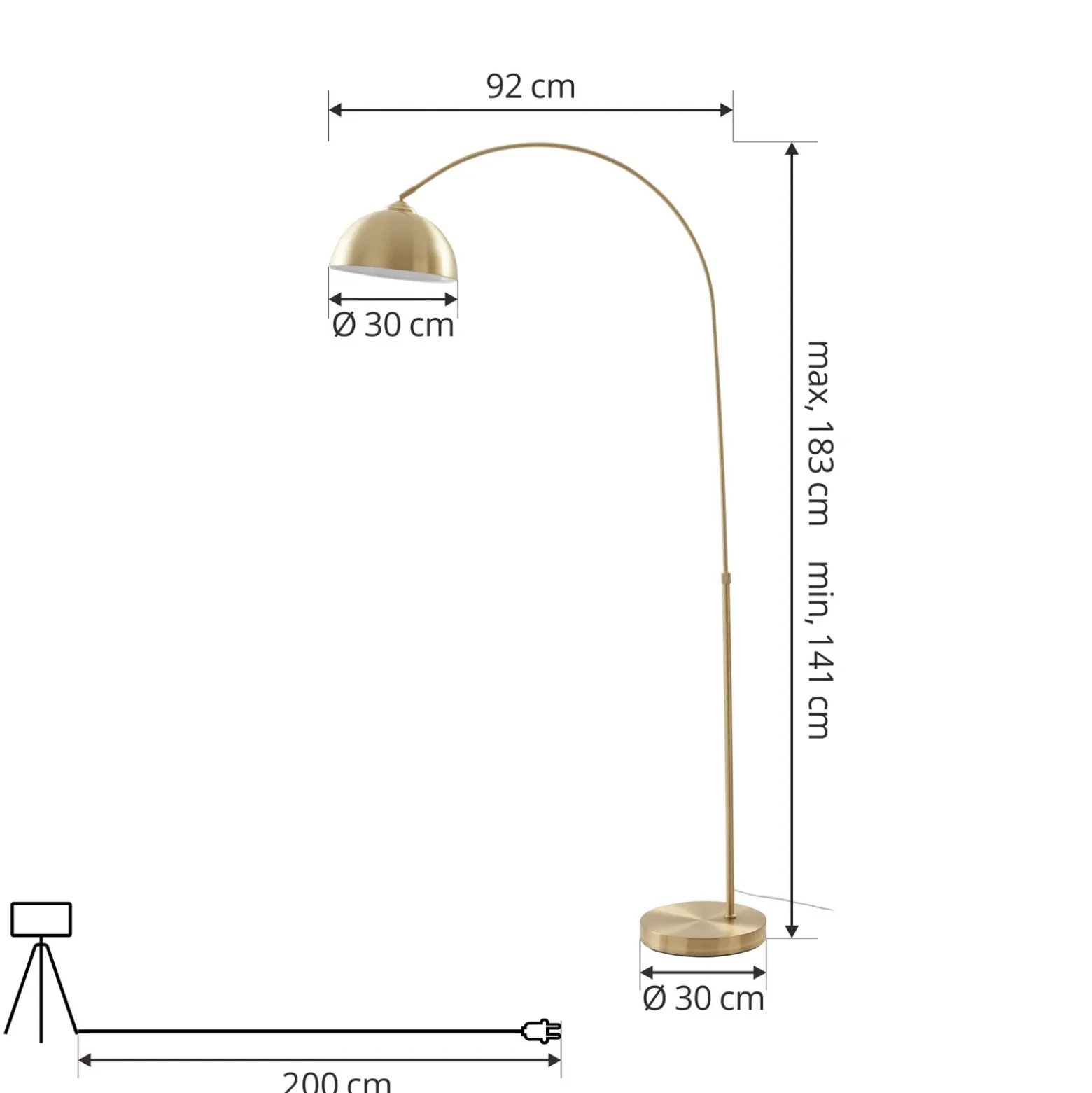 Lámpara arqueada Lennart de Lindby, latón, altura regulable, E27