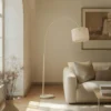 Lámpara arqueada Lindby Helin, beige, textil, altura 198,5 cm
