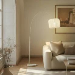 Lámpara arqueada Lindby Helin, beige, textil, altura 198,5 cm