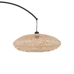 Lámpara arqueada Lindby Solvian, negro/natural, bambú, metal