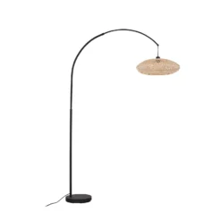 Lámpara arqueada Lindby Solvian, negro/natural, bambú, metal