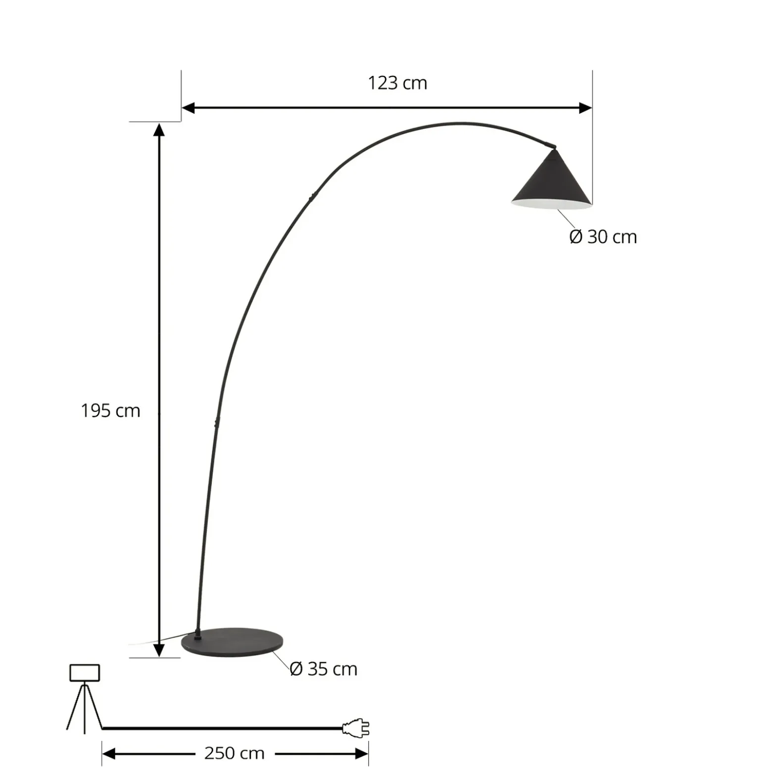 Lámpara arqueada Lindby Triangolo, negra, altura 195 cm, metal E27