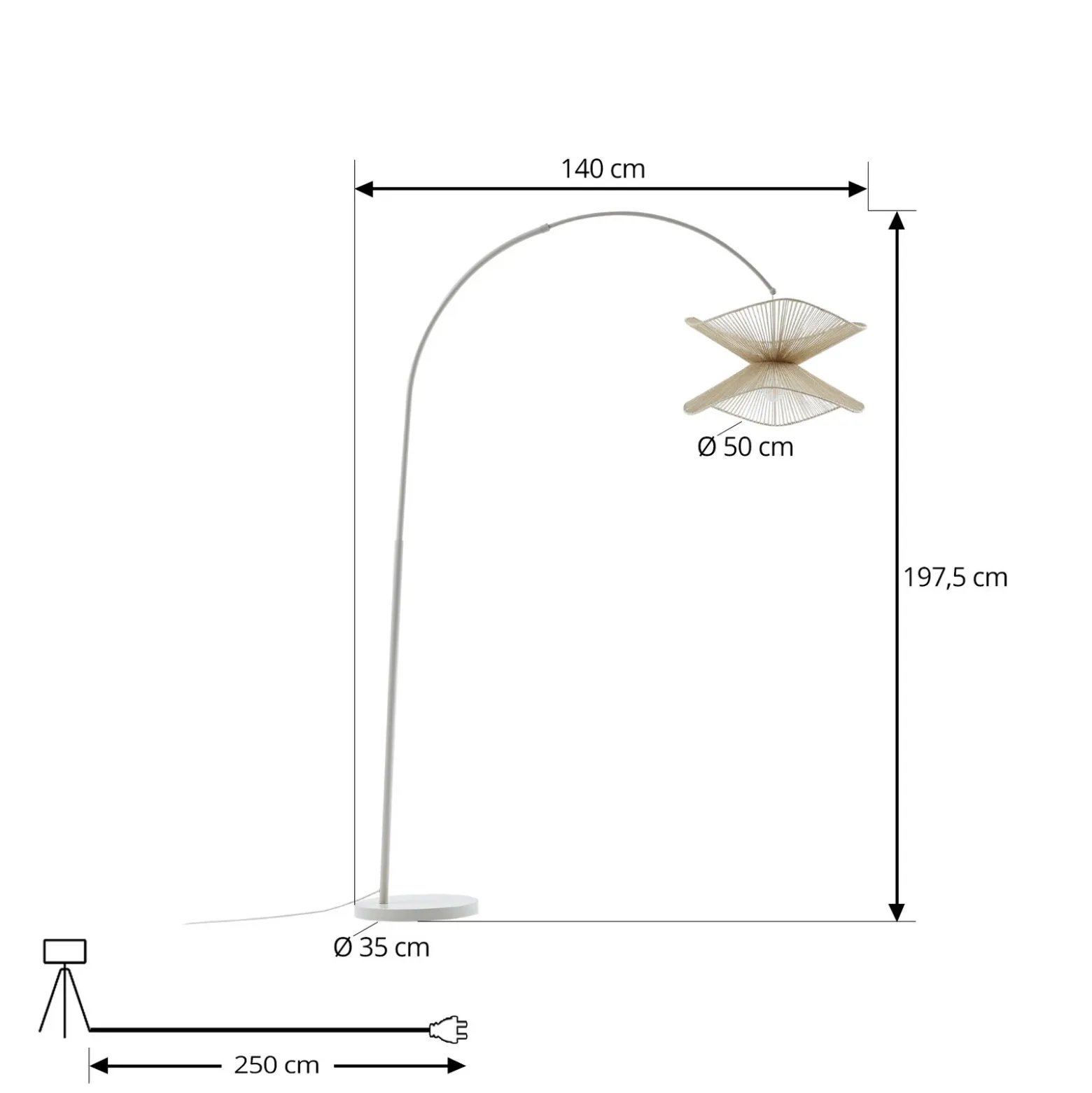 Lámpara arqueada Lindby Valdorin, beige, papel, 195 cm, IP20