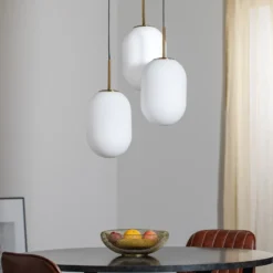 Lámpara colgante Alias, metal dorado, cristal opalino, 3 luces redonda