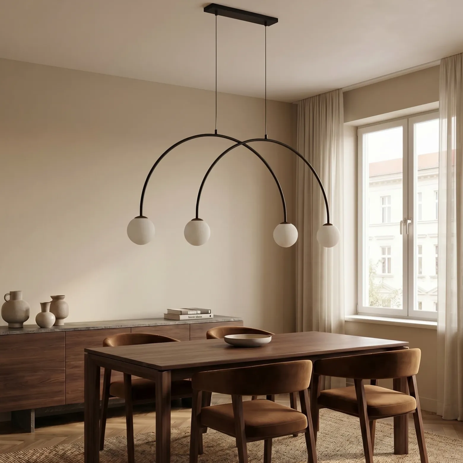 Lámpara colgante Alison, negro/blanco, 4 luces, forma de arco, 129 cm