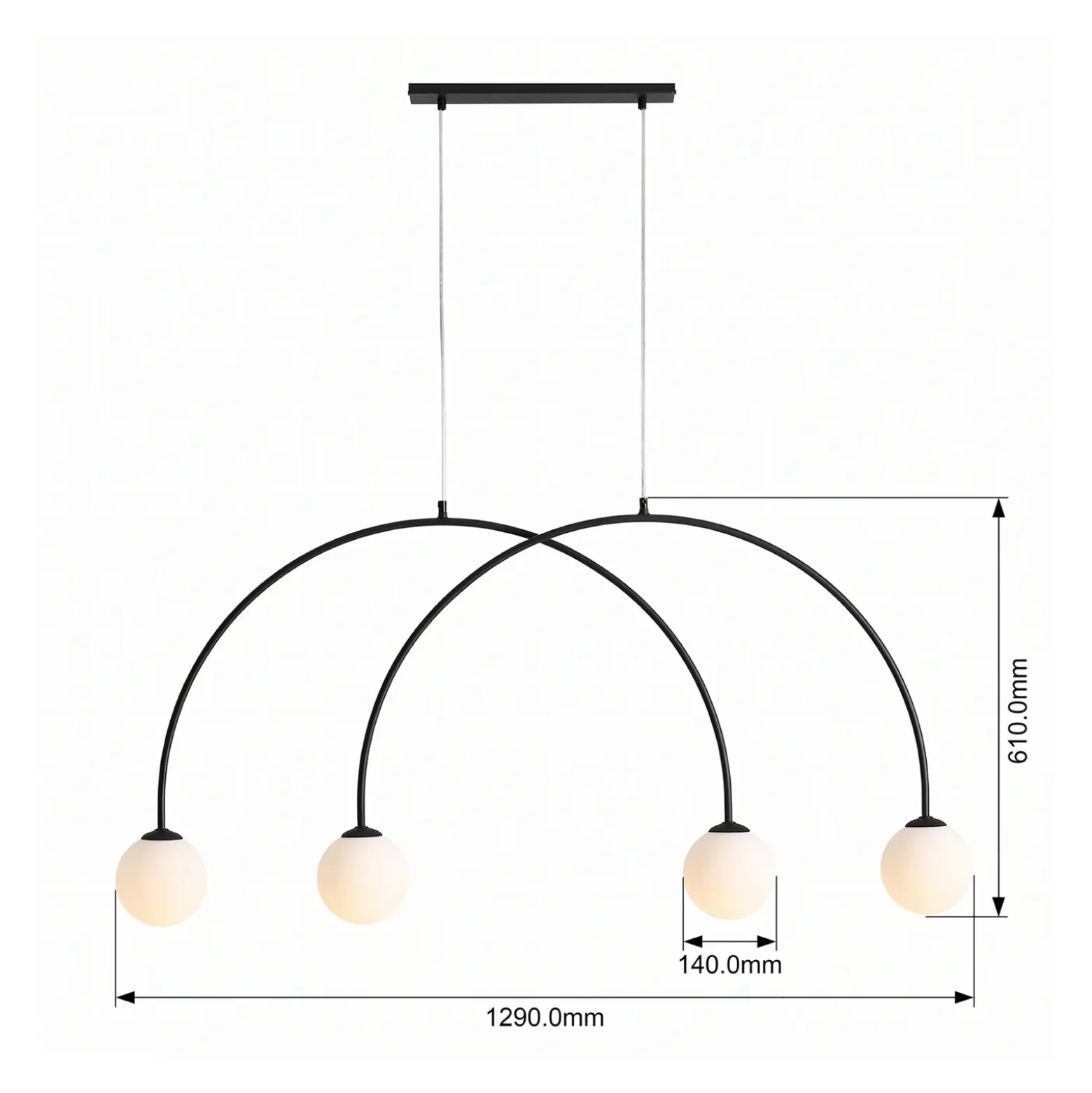Lámpara colgante Alison, negro/blanco, 4 luces, forma de arco, 129 cm