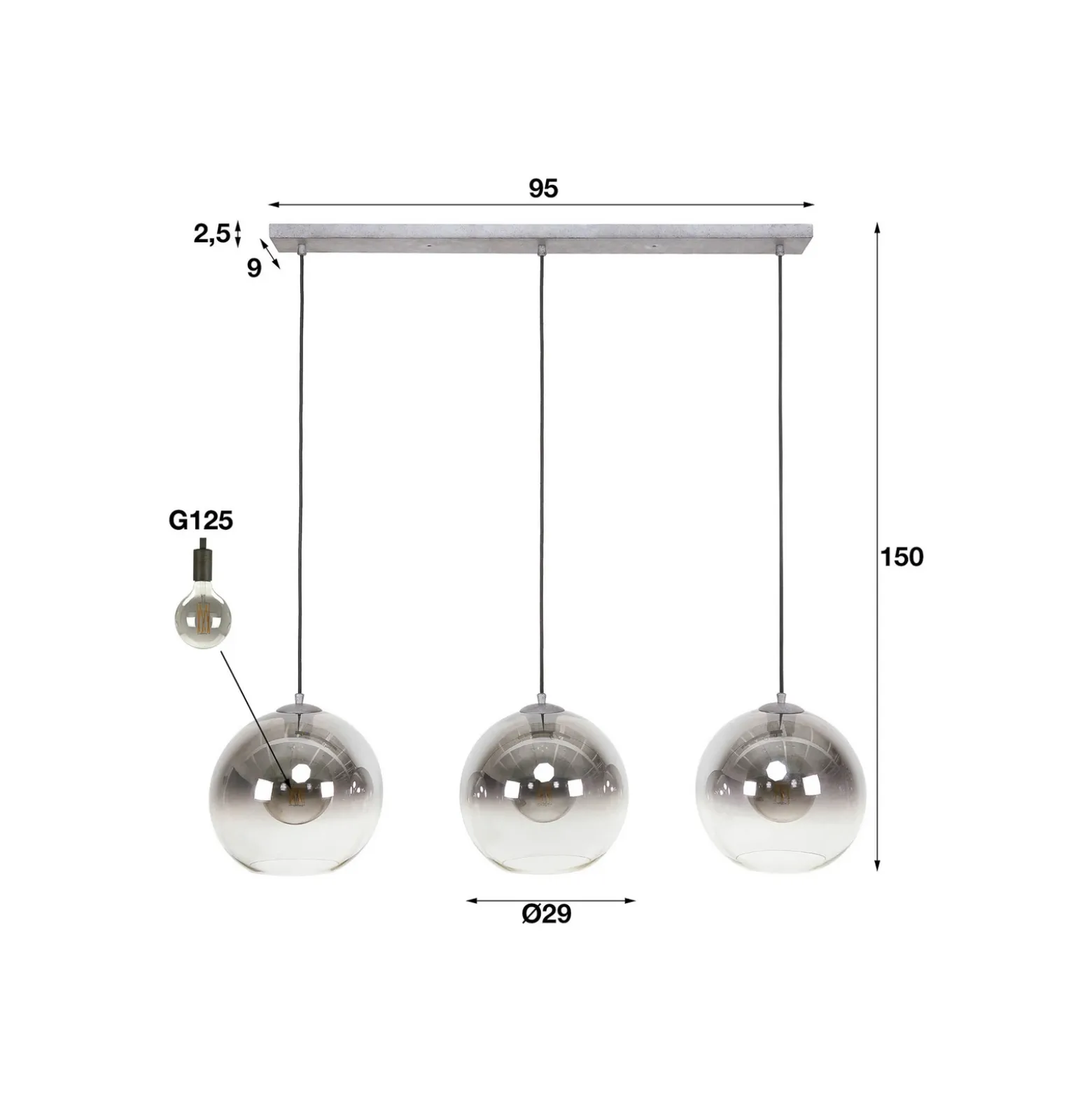 Lámpara colgante Allessandra, 3 luces, Ø 29 cm, gris humo, cristal