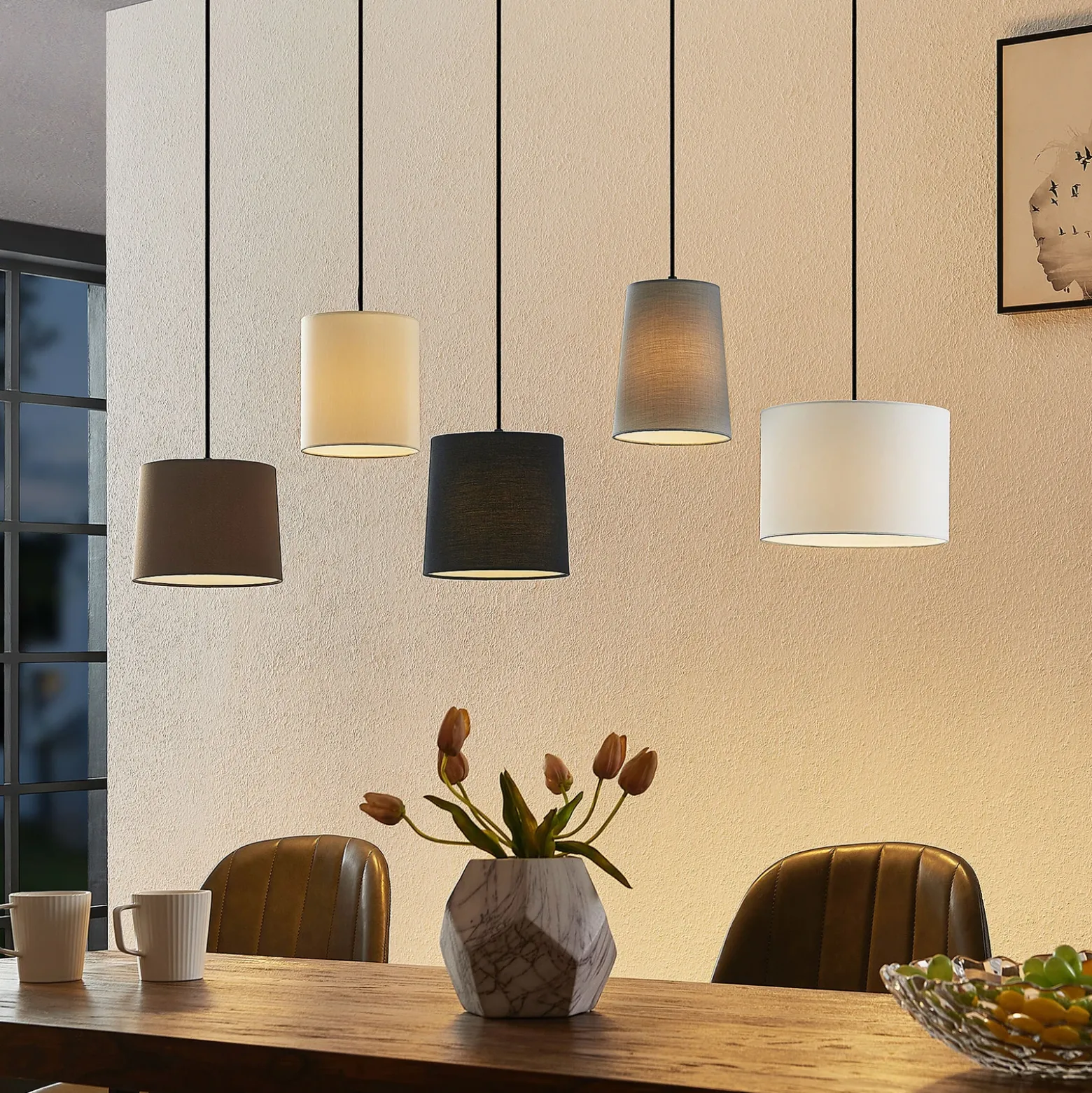 Lámpara colgante Amilia de Lindby, tela, 5 luces, gris/beige, E27